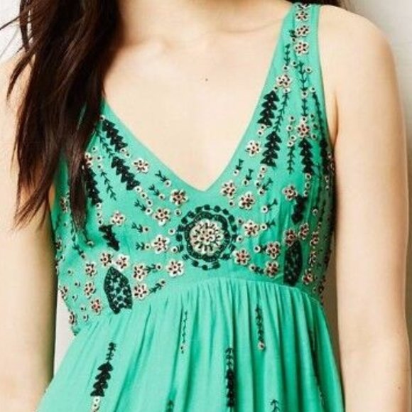 Anthropologie Floreat Ijada Green Embroidered Sequin Stitch Hi-Low Ruffle Dress - Picture 4 of 9